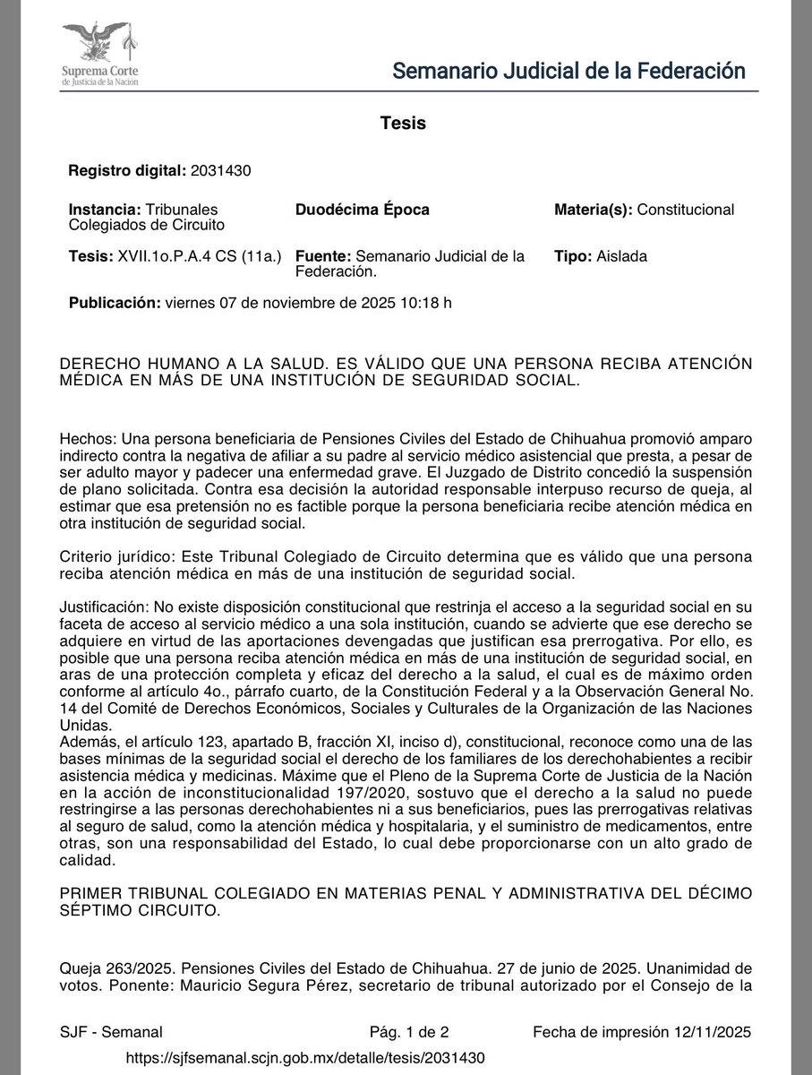 Esto es algo que todos deberíamos saber:
Se puede recibir atención médica en más de una institución de seguridad social.

Un Tribunal Colegiado confirmó que nada en la Constitución prohíbe que una persona derechohabiente reciba servicios médicos de distintas instituciones de