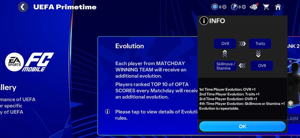 UCL Prime 26 players have Evolution (ovr increase) Available

Here are what gets you an ovr increase/increased stamina/extra trait/extra skill move

• 1st Time Player Evolution: OVR+1
• 2nd Time Player Evolution: Traits+1
• 3rd Time Player Evolution: OVR+1
• 4th Time Player