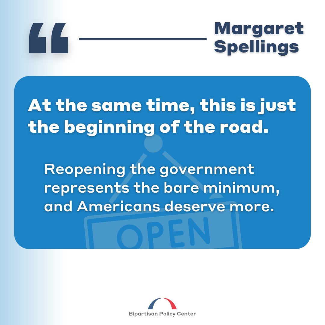 The shutdown is over. Now Congress must provide certainty.

Our president and CEO, Margaret Spellings, urges bipartisan, full‑year appropriations and long‑term fixes. Passing these bills in 11 weeks is not easy, but it is necessary to keep the government open and address flood