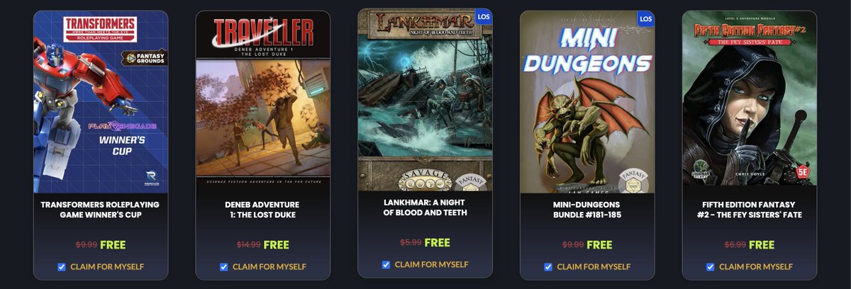 If you have a paid license of Fantasy Grounds VTT, <a href="/FantasyGrounds2/">Fantasy Grounds VTT</a> is rewarding you for your loyalty. 🫡

fantasygrounds.com/store/claimRew…

I don't know if you'll have the same rewards as mine, but I found it an exceptional strategy, presenting different content of different publishers