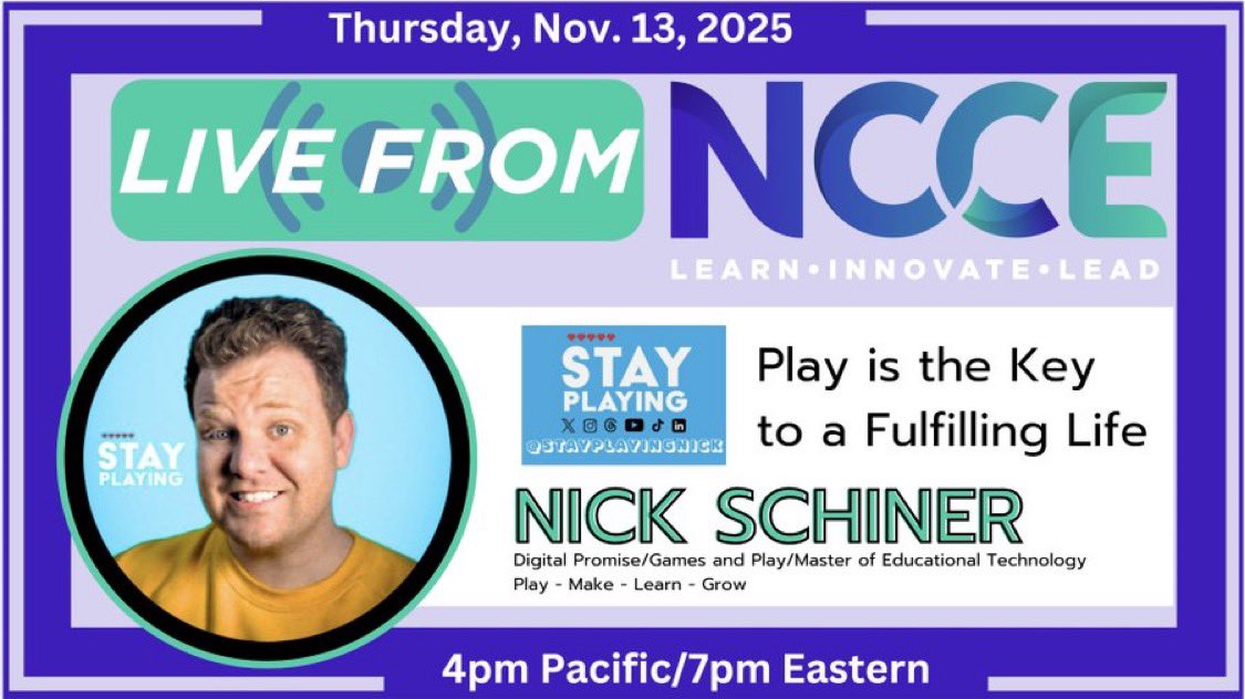 TammyDunbar's tweet image. TOMORROW! Thursday, 11/13, #LiveFromNCCE will host the playful @stayplayingnick who will share with us the importance of PLAY! Show begins 4pm Pacific/7pm Eastern - go to ncce.link/live to join the #BestFreeEdTechPD from @NCCE_EdTech ! #IAmNCCE