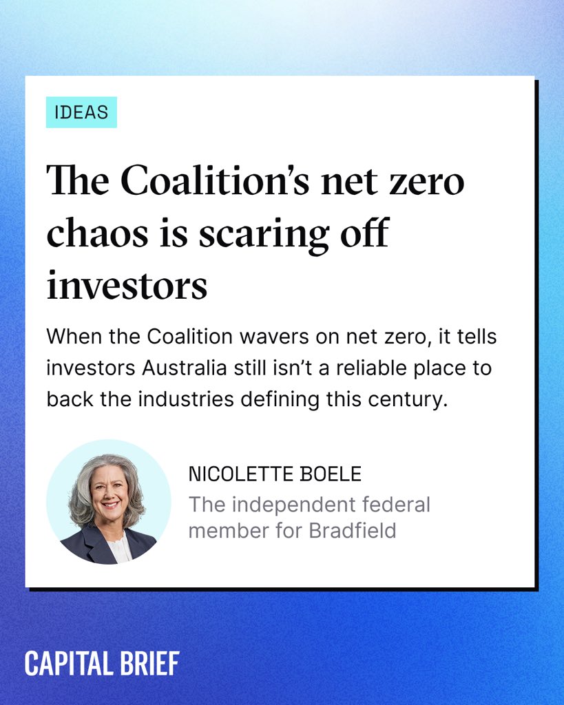 Nicolette_Boele's tweet photo. The Liberal Party once prided itself on sound economic management. This week’s chaos has shown that claim no longer holds.
In @CapitalBrief : why the damage to investor confidence is already done, whatever the Coalition decides on net zero.
https://t.co/Ck1QyR1B7g https://t.co/MXP10B5tdJ