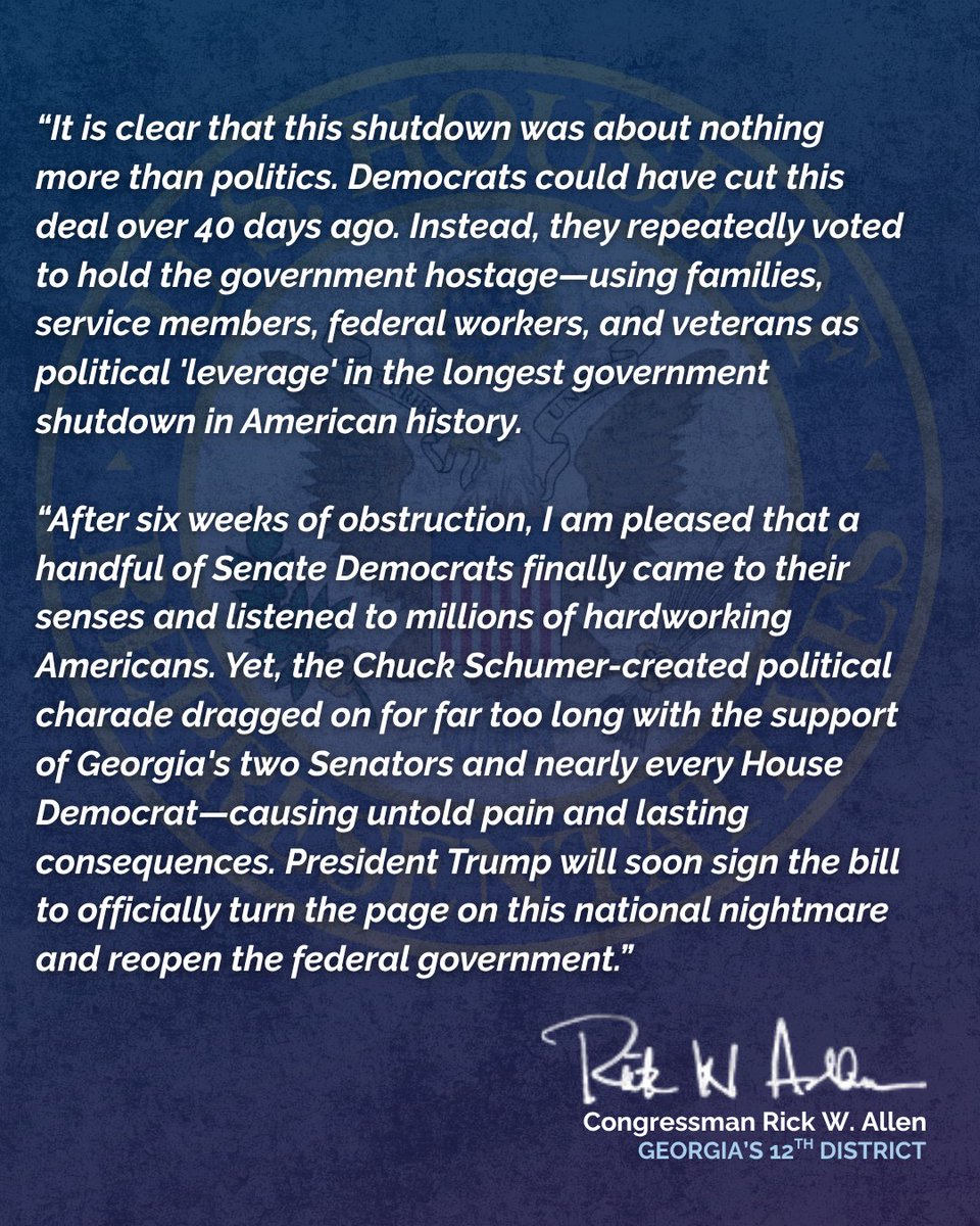 RepRickAllen's tweet image. I just voted to fund the government...again. President Trump will soon sign the bill to officially turn the page on this national nightmare and reopen the federal government.

allen.house.gov/news/documents…