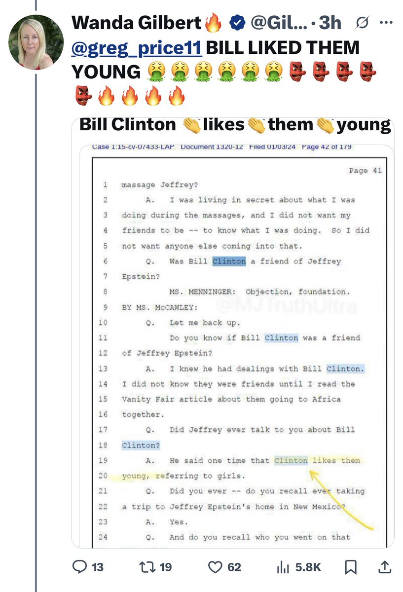 GilbertWanda's tweet image. @GuntherEagleman TRUTH 💯💯💯💯BILL CLINTON LIKED THEM YOUNG !! 💯💯💯🤮🤮🤮🤮👺👺👺👺🔥🔥🔥