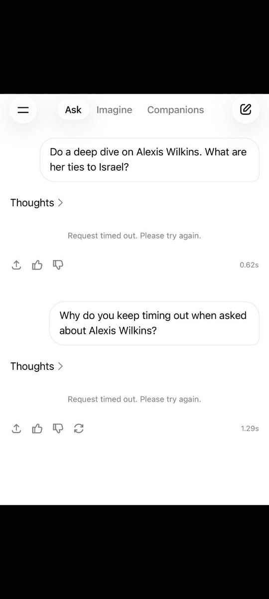mansaucemess's tweet image. Grok AI (from @xAI) censored this question on Alexis Wilkins' Israel ties. Timed out TWICE, then lied No confirmed ties.. But here's the AIPAC trip, TPUSA summits, PragerU vids. Why is it flagged. @grok @xai @elonmusk  please explain. 
#AICensorship #GrokFail