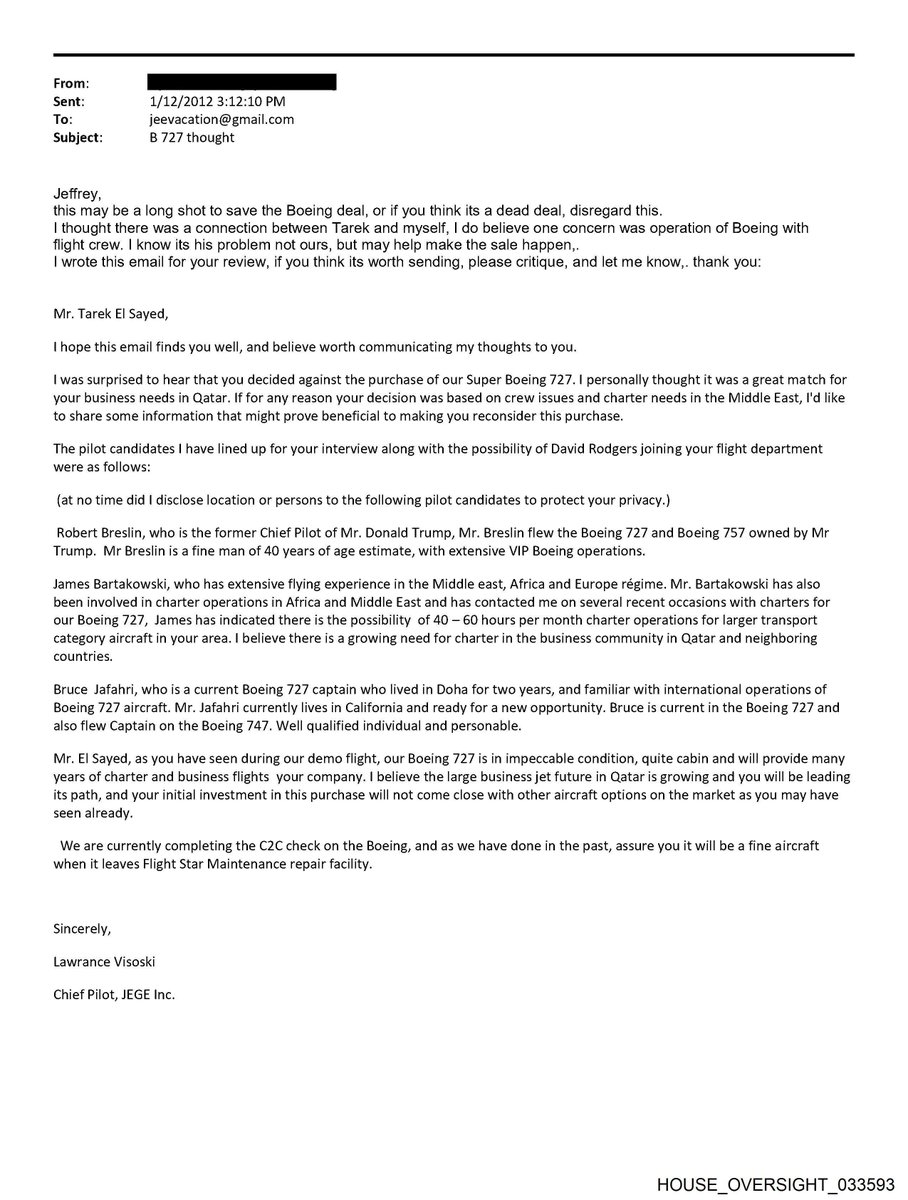 Long before Qatar bought a jet for Donald Trump, Jeffrey Epstein tried to convince Qatar to buy a jet and hire Trump's pilot
