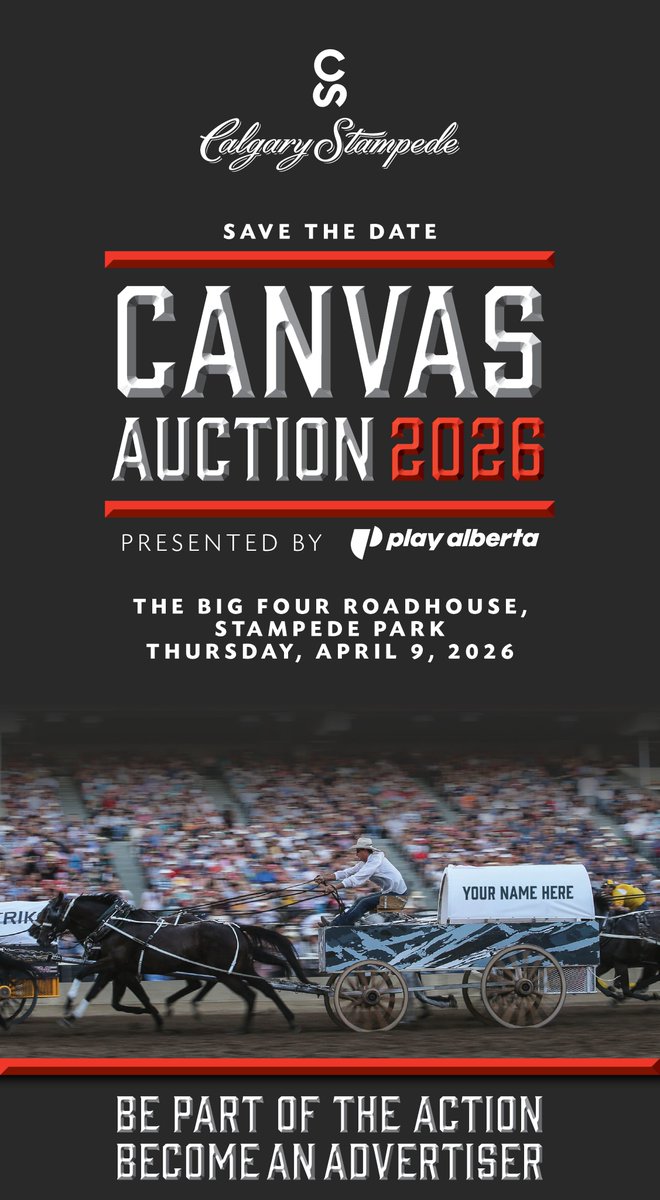 🚨 Save the Date! 🚨
The 2026 Calgary Stampede Canvas Auction, presented by @playalberta, rides into The Big Four Roadhouse on April 9, 2026!
Be part of the action — become an advertiser &amp; join the excitement of the legendary Rangeland Derby.

#CSChuckwagons #CanvasAuction2026