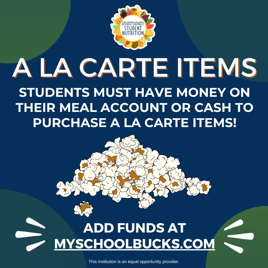 ColletonMeals's tweet image. No need to miss out! 🚀 Keep your student’s account stocked or send cash so they can grab their favorite a la carte snacks anytime. 🍕🥤Add funds here: myschoolbucks.com

#Colletonsc #Colletonsouthcarolina #Colleton #scschools #Colletoncounty #Colletoncountyschooldistrict