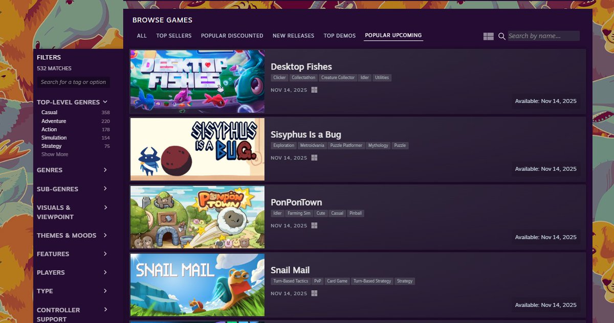 wasdstudios_in's tweet photo. SNAIL MAIL is #4 on popular upcoming in the #Steam Animal Fest!

Snail Mail will be out November 14, 2025!

You can play the demo if you can't wait till then!

#gamedev #indiegame #boardgames #cardgamedevelopment #Strategy
#solodev https://t.co/4HE20dRlIq