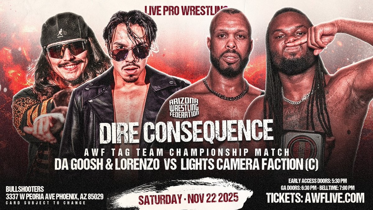 prowrestlingaz's tweet image. SAT 11/22: AWF Tag Team Championships are on the line as LORENZO &amp;amp; DA GOOSH challenge FRESCOMATIC &amp;amp; WATSON of Lights, Camera, Faction at Dire Consequence! TICKETS: …-wrestling-federation-llc.square.site/product/awf-di…