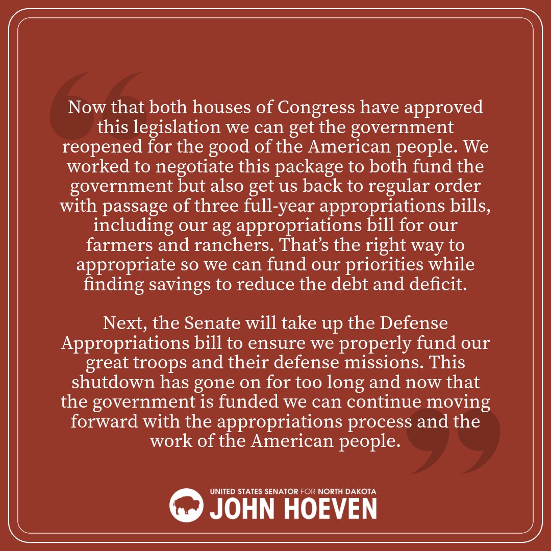 My statement following the House’s approval of legislation to end the government shutdown: hoeven.senate.gov/news/news-rele…