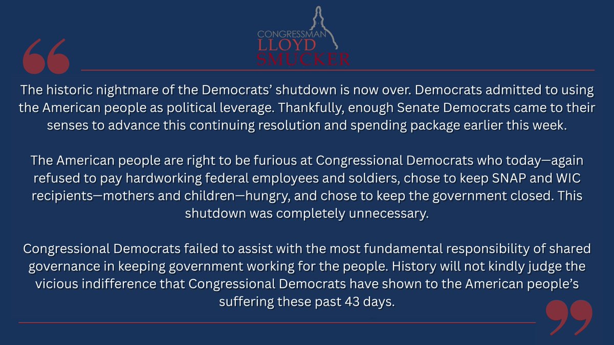 RepSmucker's tweet photo. Tonight, I voted to end the Democrat-led government shutdown. Read my full statement: https://t.co/5ZXXVZkGp6