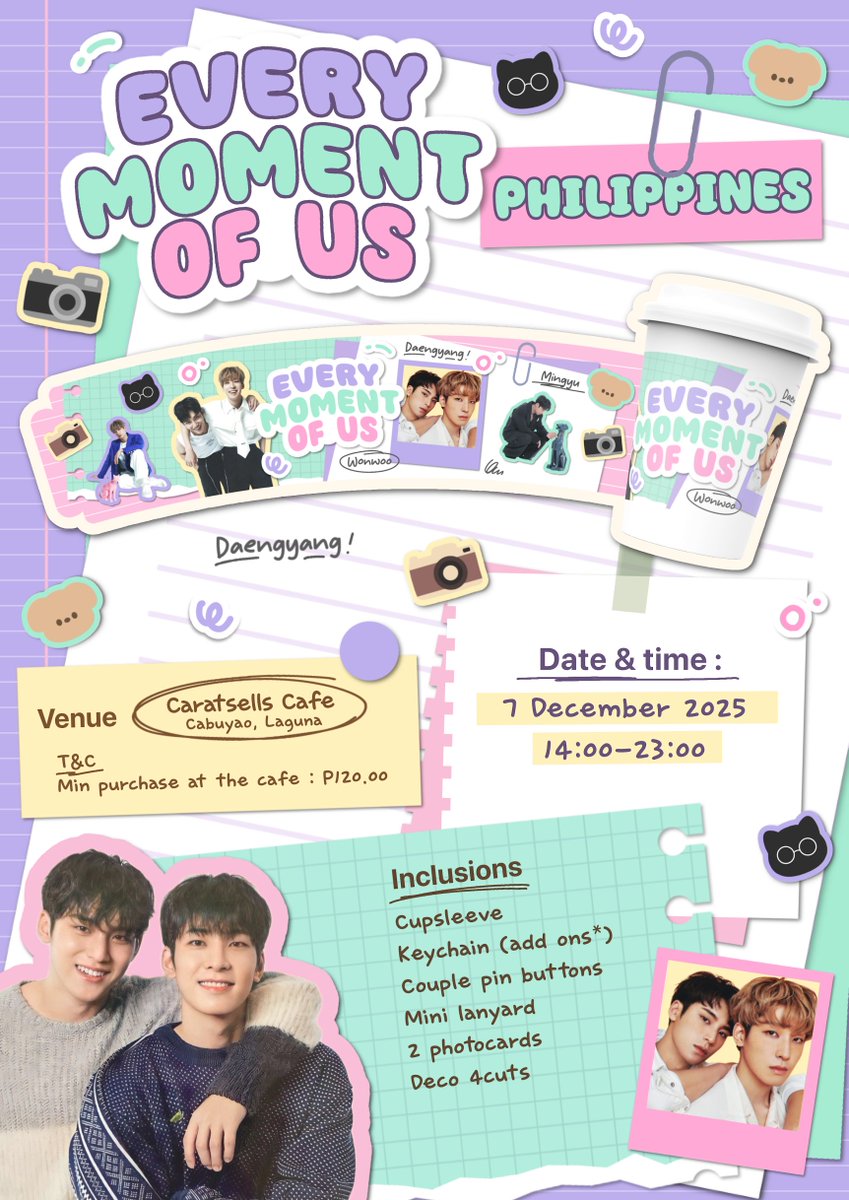 caratsellsmain's tweet image. A MinWon Cupsleeve Event💚💜

⁽ ¨̮⁾𝘌𝘷𝘦𝘳𝘺 𝘔𝘰𝘮𝘦𝘯𝘵 𝘰𝘧 𝘜𝘴⁽¨̮ ⁾ by @_PrincessMilk goes to PH✨

📍Caratsells Cafe (Cabuyao,Laguna) 
📅12.7.2025 
PRE-ORDER FORM: forms.gle/AmKvHr3ucfFvGb…

#EveryMomentOfUsPH #MINWONCSE #Mingyu #Wonwoo