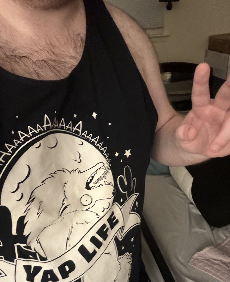 saltydkdan's tweet image. Accidentally stole my partner’s tank top last time they visited WHOOPS

Wearing it as pajamas because I’m stuck home sick with “Con Crud” for the week

my skull is full of snot