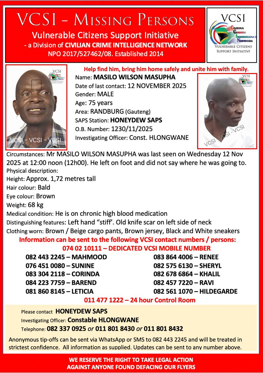 Thko1909's tweet photo. MISSING

Please help find us find our uncle, he was last seen on the 12/11/2025 around 12h00 noon. He was wearing beige cargo pants, brown jersey and black and white sneakers. https://t.co/Plcm5Y4r0U