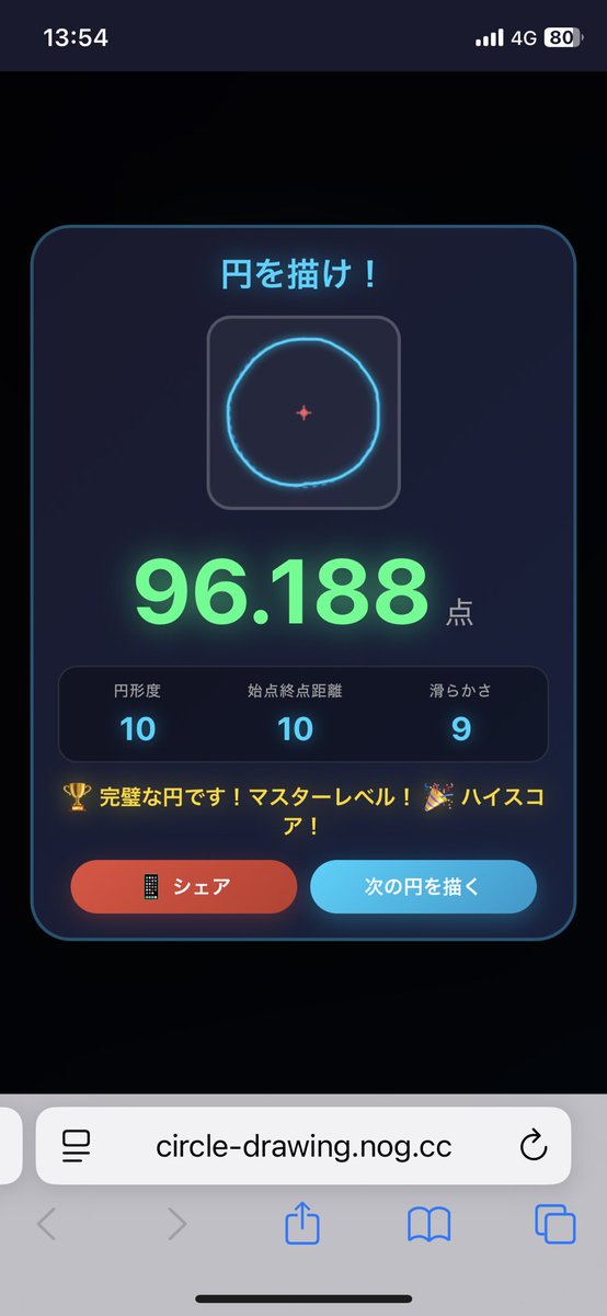 kumakuma705's tweet photo. 描いた状態での0点は出せたので
あとは100点か
100点への道は遠そー
いまだに96点台

完璧な円を目指そう！
https://t.co/nDXJ9SugWQ

#円を描け #DrawCircle https://t.co/cJGAyaYs96