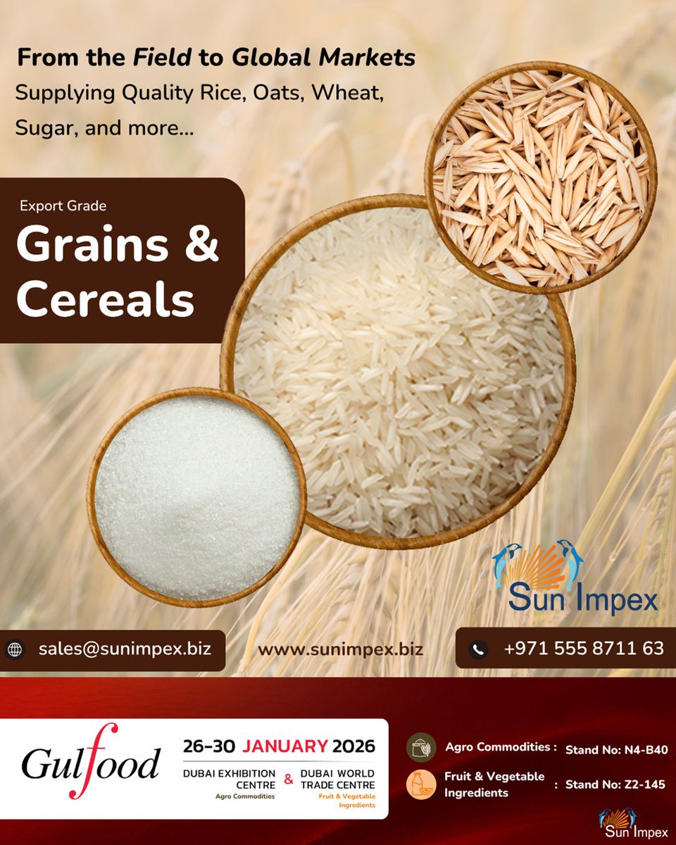 Sun_Impex's tweet image. Discover our finest selection of grains and cereals at Gulfood — visit us to explore more! 

📞 Contact: +971 55 138 7163
📧 Email: sales@sunimpex.biz
🌐 Visit: sunimpex.biz
#sunimpex #agro #importexport #pulses #grains