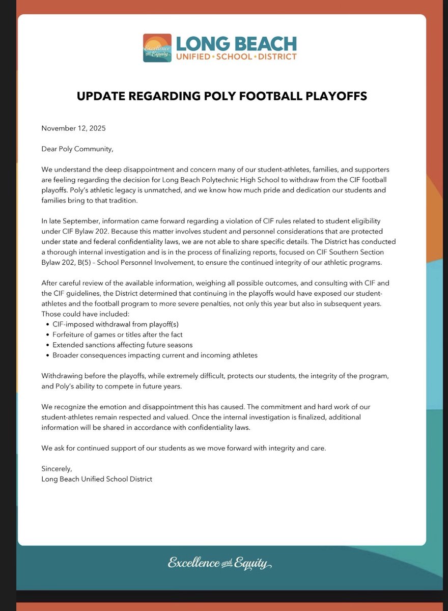 Long Beach Poly's statement on not going to the CIF playoffs this year. Things are getting ugly there. Community coming out against the Principal, so the district released this statement today. <a href="/Tarek_Fattal/">Tarek Fattal</a>