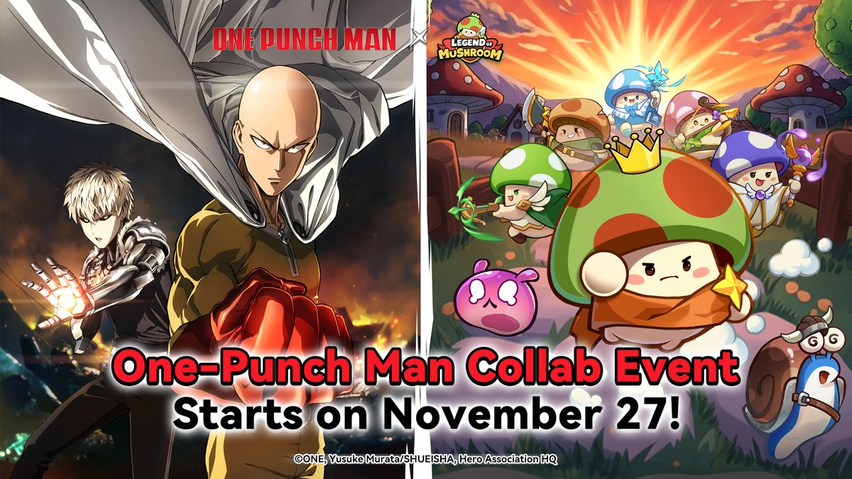 【対象地域：欧米・アジア・その他地域】

アニメ「ワンパンマン」とJoynet Gamesが開発した
冒険放置RPGゲーム「Legend of Mushroom」の
コラボが開催決定👊
※日本は対象に含まれません
 
続報は「Legend of Mushroom」公式 <a href="/legendofmush/">Legend of Mushroom</a> の発表をお待ちください！

#onepunchman