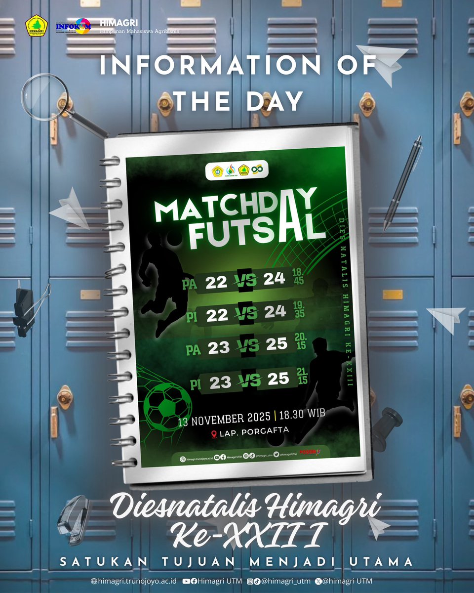 HimagriUTM's tweet photo. [ Satukan Tujuan Menjadi Utama ]

*[ MATCHDAY FUTSAL ]* ⚽‼️

➖➖➖➖➖➖

➖➖➖➖➖➖➖
More info: ✅ 
https://t.co/2mCQvI5Gj0

#Agbutm #Himagriutm #Himagri #Agribisutm #agribisnis_utm #fakultaspertanianutm #fputm #fapertautm https://t.co/RCYioKxSIg