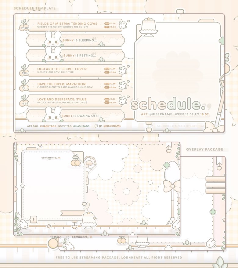 kabimono's tweet image. ‣  「 free to use assets. 」 ∙   streaming pack  

bunny parfait streaming assets 🍮♥︎

▸  two colors! (pink and yellow) 
▸  files provided: psd for both schedule and chat overlays and complete fonts provided!
▸  link below! ⬇️

rts are appreciated!  📥 「 #vtuberassets 」