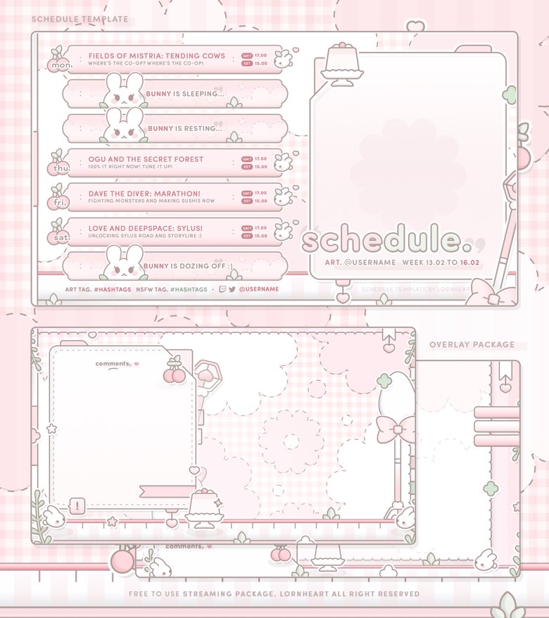 kabimono's tweet image. ‣  「 free to use assets. 」 ∙   streaming pack  

bunny parfait streaming assets 🍮♥︎

▸  two colors! (pink and yellow) 
▸  files provided: psd for both schedule and chat overlays and complete fonts provided!
▸  link below! ⬇️

rts are appreciated!  📥 「 #vtuberassets 」