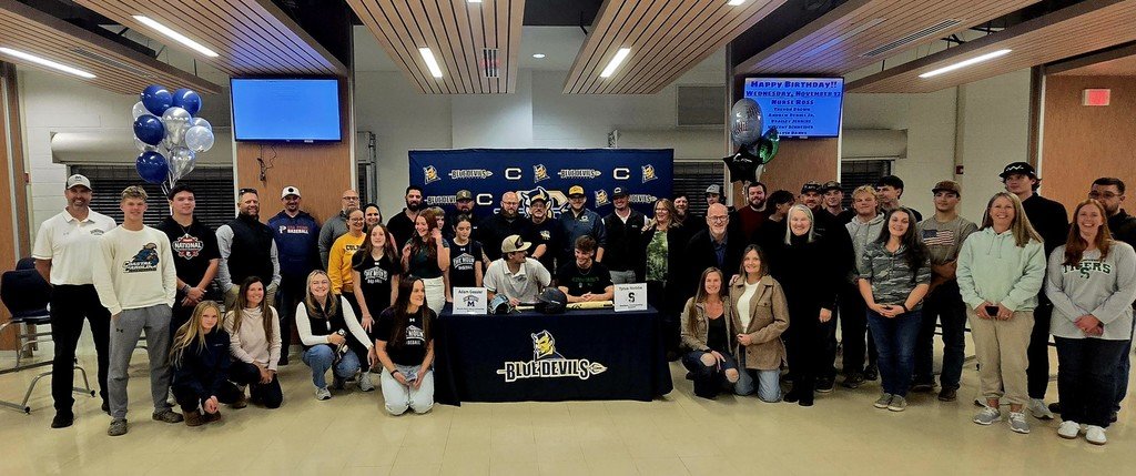 CCPSCCHS's tweet image. Congrats to Blue Devils Baseball Players Tyrus Nobbs and Adam Gessler who signed there letter of intents to play in college today in front of a large group of friends, twammates, coaches and family. #ForksUp @csepreps @flsvarsity #NcaaBaseball