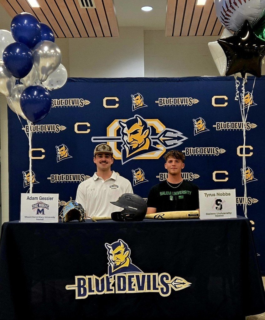 CCPSCCHS's tweet image. Congrats to Blue Devils Baseball Players Tyrus Nobbs and Adam Gessler who signed there letter of intents to play in college today in front of a large group of friends, twammates, coaches and family. #ForksUp @csepreps @flsvarsity #NcaaBaseball
