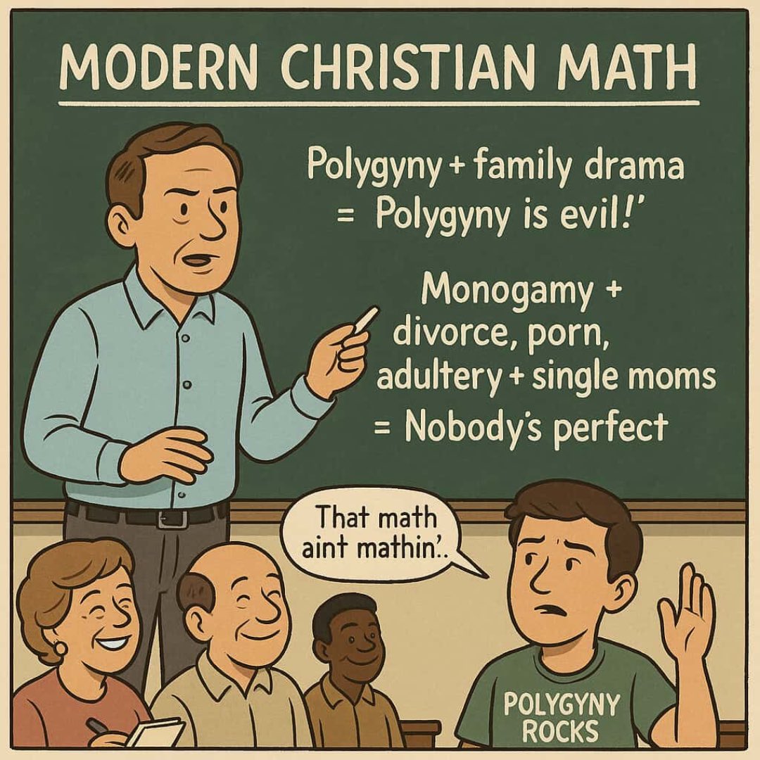 robbkow's tweet image. Modern Christian Math:
When polygyny has one problem, it’s “evil.”
When monogamy has a thousand, it’s “grace.”
Funny how the formula always changes when the truth hits too close to home. @richtidwell @biblemarriages @RealPeteRambo