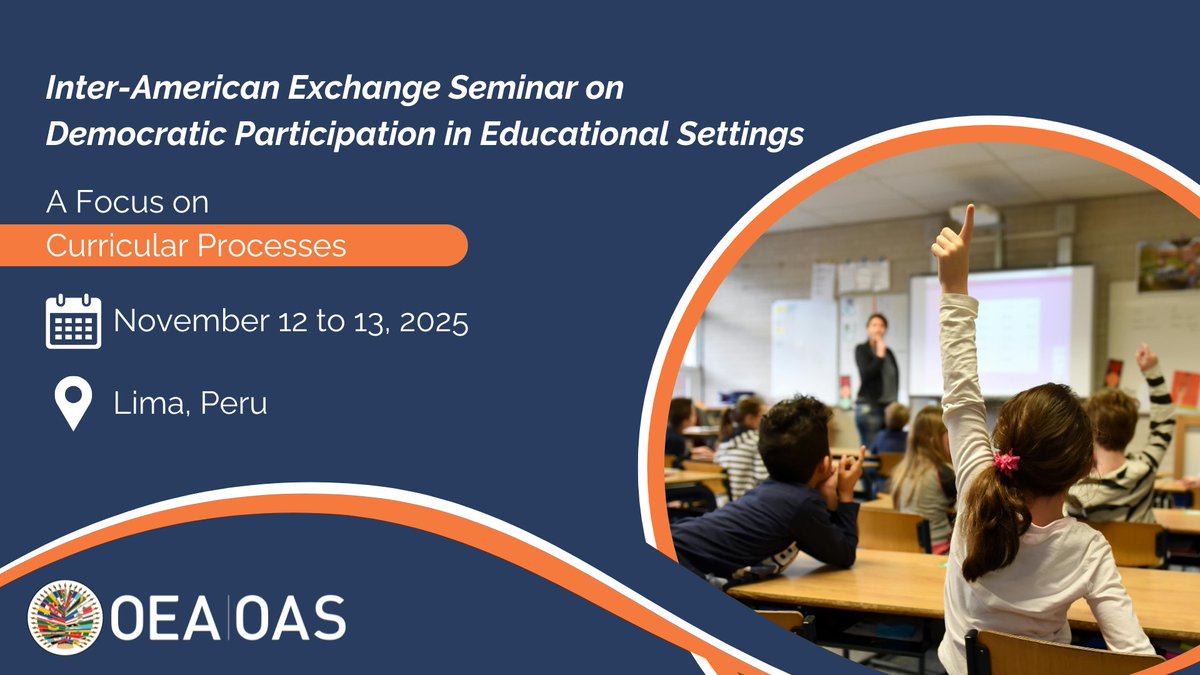 OAS_Development's tweet image. 📣 Tomorrow we continue in Lima, Peru 🇵🇪 with the Inter-American Seminar on Democratic Participation in Educational Settings 🏫📘
Focused on monitoring and evaluating curricular processes.
🔗oas.org/ext/en/main/ca…
#OASEducation #Democracy #CIEOAS