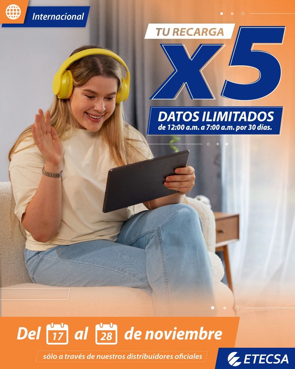 ✨Ya esta aquí a promo de #RecargaInternacional  ❌️5️⃣
😉 Quintuplica tu recarga, desde el 1️⃣7️⃣al  2️⃣8️⃣. 
👉Si te recargan entre 600 y 1250 CUP, ¡quintuplicamos tu saldo principal + datos ilimitados en las noches por 30 días! 🌙 
Solo ✖️ distribuidores internacionales oficiales.