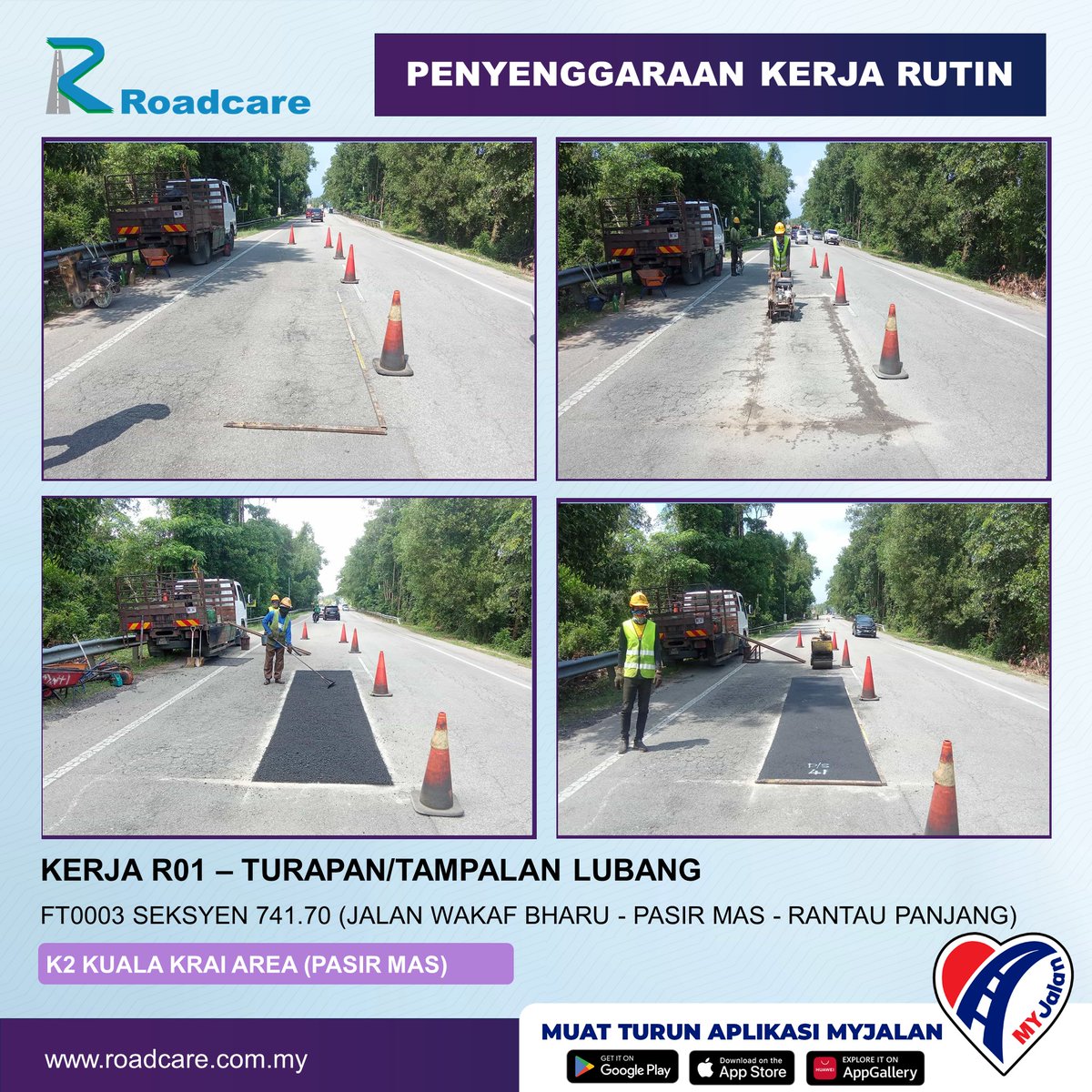 🚧👷‍♂️Kemas Kini Kerja-Kerja Rutin👷‍♂️🚧
Rutin : R01  - Turapan/Tampalan Lubang  
Tarikh :  12 Nov 2025    
Daerah : Pasir Mas, Kelantan   
Lokasi : FT003 Seksyen 741.70 (Jalan Wakaf Bharu - Pasir Mas - Rantau Panjang)