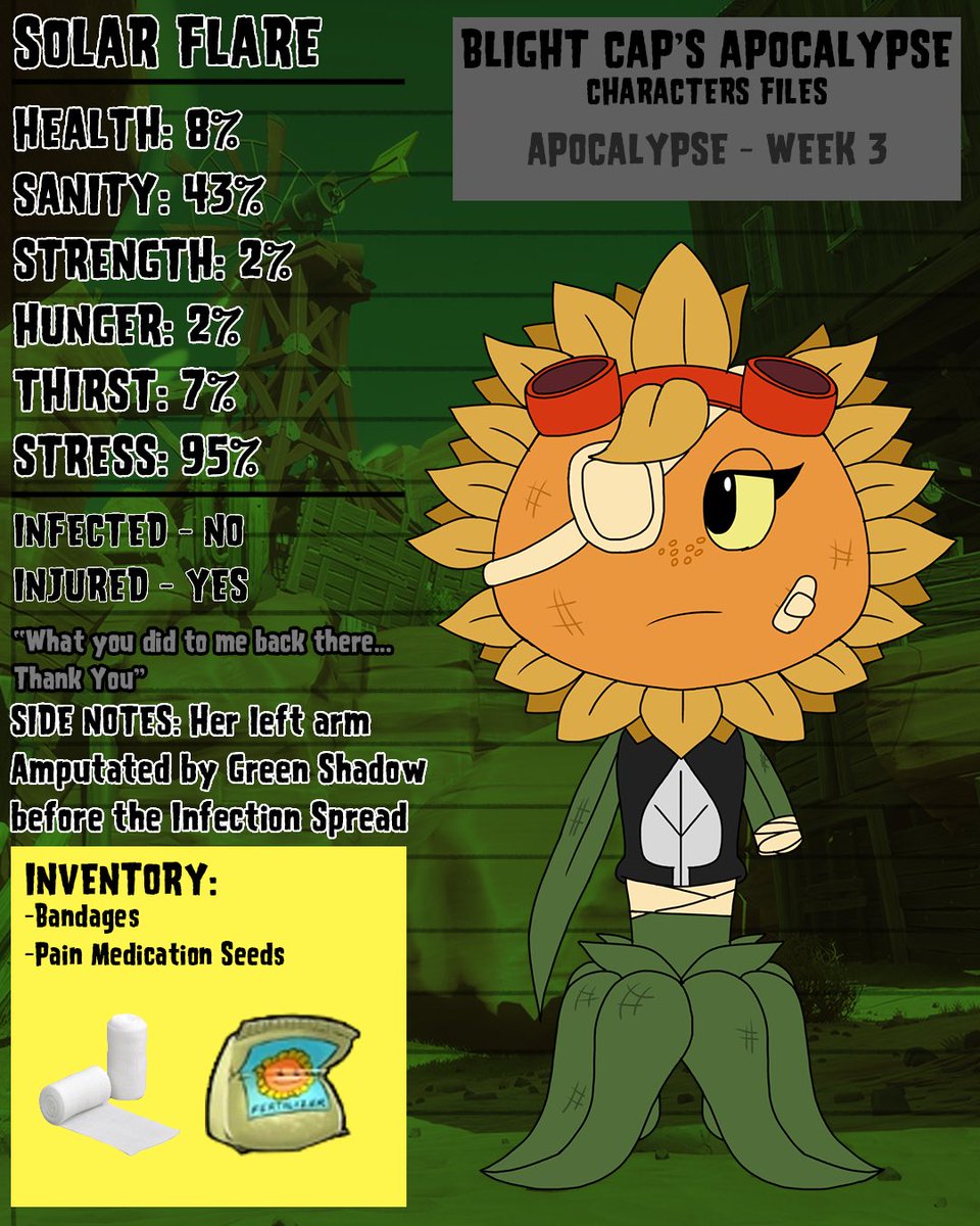 Dr_Mason_Dark's tweet photo. Plants vs Zombies: Blight Cap’s Apocalypse AU (Port)
Character Files Part 3 (1/5)
#pvz #plantsvszombies #gardenwarfare #gardenwarfare2 #battleforneighborville #pvzgw2 #pvzheroes #fanart #digitalart #infectionau #horrorau #greenshadow #solarflare #wallknight #chompzilla https://t.co/6uptxX4zrH