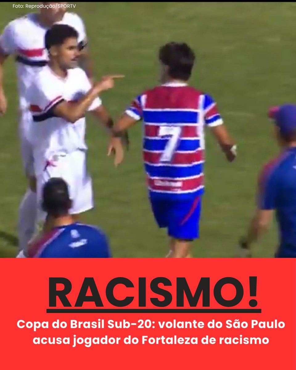 Copa do Brasil Sub-20: volante do São Paulo acusa jogador do Fortaleza de racismo

A partida entre Fortaleza e São Paulo, realizada no Estádio Presidente Vargas, pelas quartas de final da Copa do Brasil Sub-20, foi interrompida por cerca de quatro minutos após uma acusação de