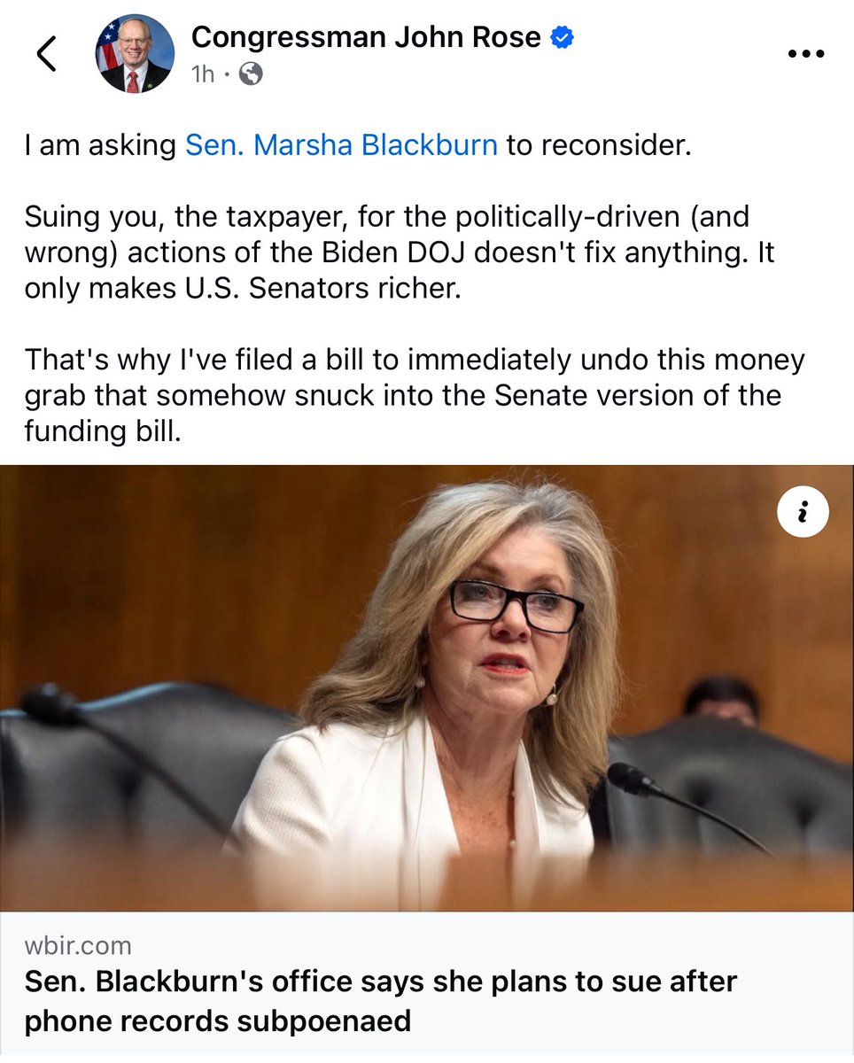 ⚡️ WOW — <a href="/RepJohnRose/">Congressman John Rose</a>, also running for governor in Tennessee, files a bill to undo his Republican primary opponent Senator <a href="/MarshaBlackburn/">Sen. Marsha Blackburn</a>’s shameless multi-million dollar taxpayer funded money-grab. facebook.com/share/1DnU21A8…
