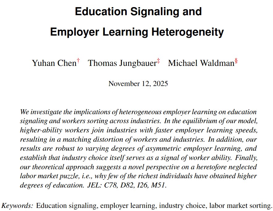 tjungbau's tweet photo. Check out "Education Signaling and Employer Learning Heterogeneity" (w Y Chen and M Waldman) providing a novel explanation why some high ability types choose low education levels. Click here for a summary: https://t.co/fer4ecCR9Z, and here for the paper: https://t.co/Q1YLzQsGlA. https://t.co/ffkBmzXn9C