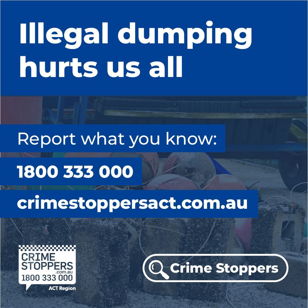 ACTCrimeStop's tweet image. Illegal dumping hurts us all.

Dumping waste in bushland or public spaces isn’t just unsightly, it’s illegal. If you’ve seen it, report it. 

#ProtectOurEnvironment #ACTCrimeStoppers #IllegalDumping

Report what you know to crimestoppersact.com.au. or call 1800 333 000