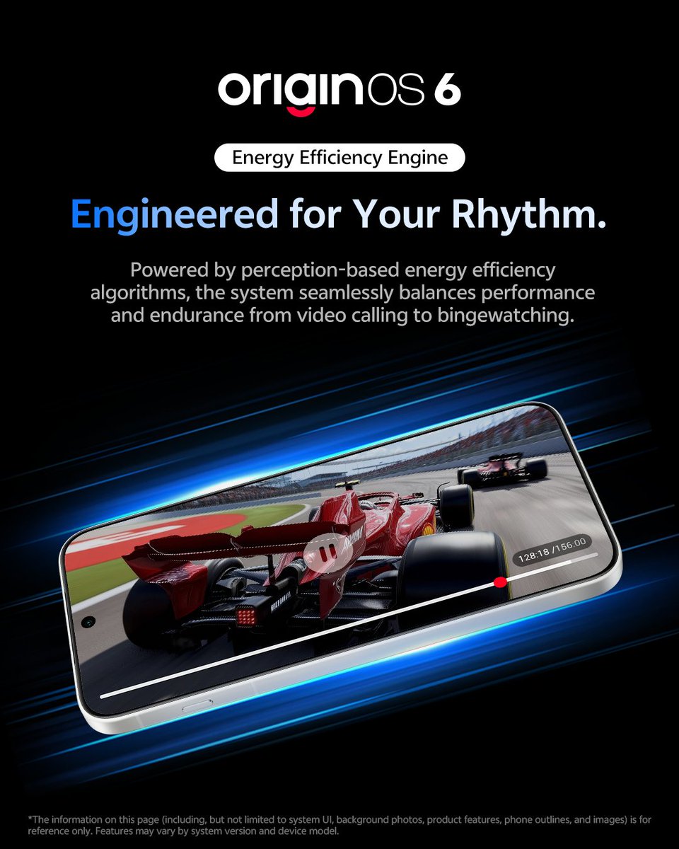 OriginOS_Global's tweet image. Why choose between speed and stamina? Energy Efficiency Engine in OriginOS 6 gives you both, optimizing power for smooth video and long streams.