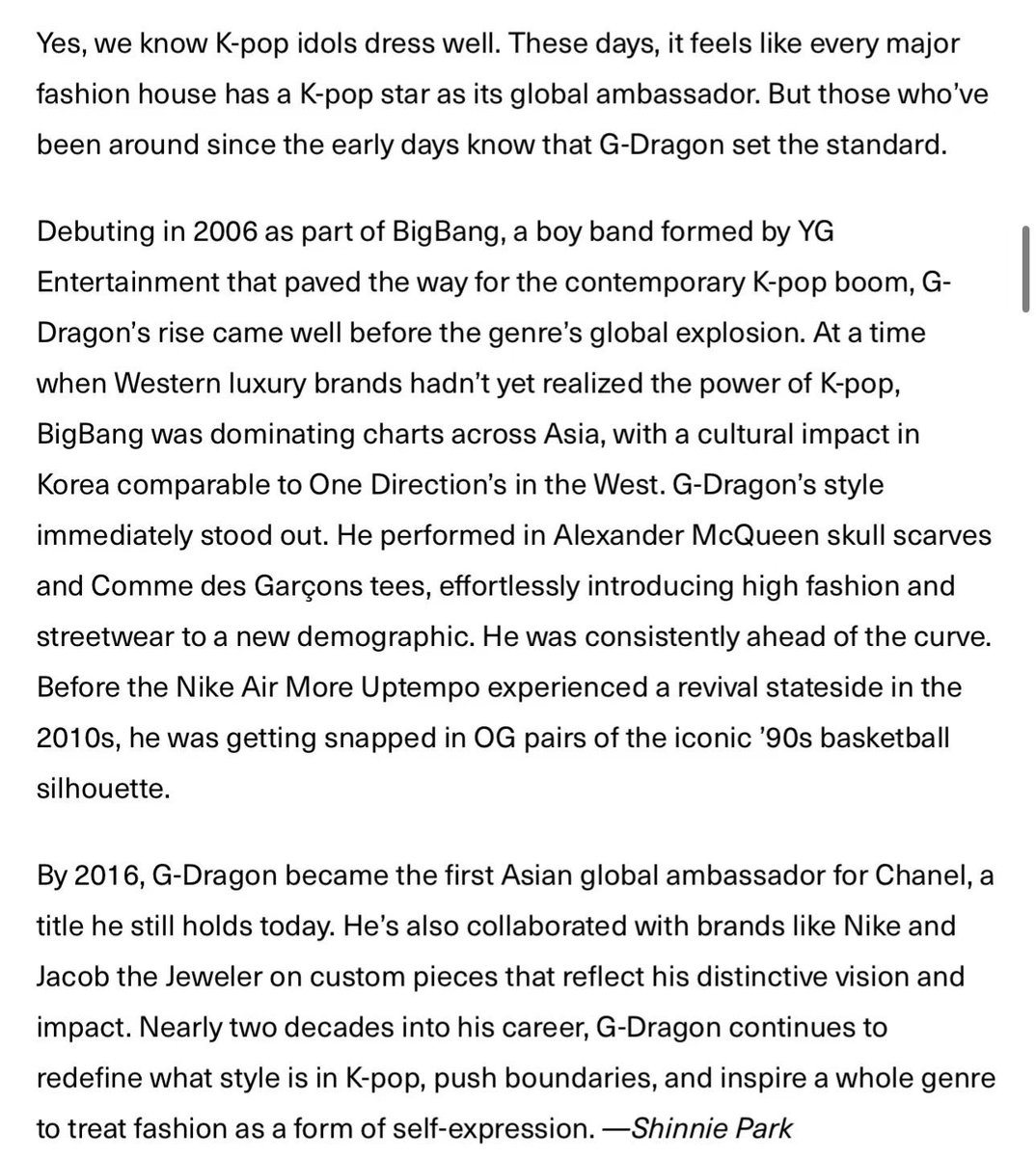 Complex selects The 25 Best Dressed Celebrities of the 21st Century

G-Dragon is the ONLY K-pop star mentioned in this list. 

“G-Dragon set the standard.”
“G-Dragon continues to redefine what style is in K-pop, …”

#GDRAGON