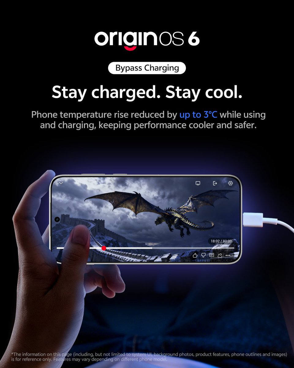 OriginOS_Global's tweet image. Tired of that &quot;hot potato&quot; feeling when charging? OriginOS 6&apos;s Bypass Charging powers your hardware directly, cutting temperature rise by up to 3°C for a cooler grip.