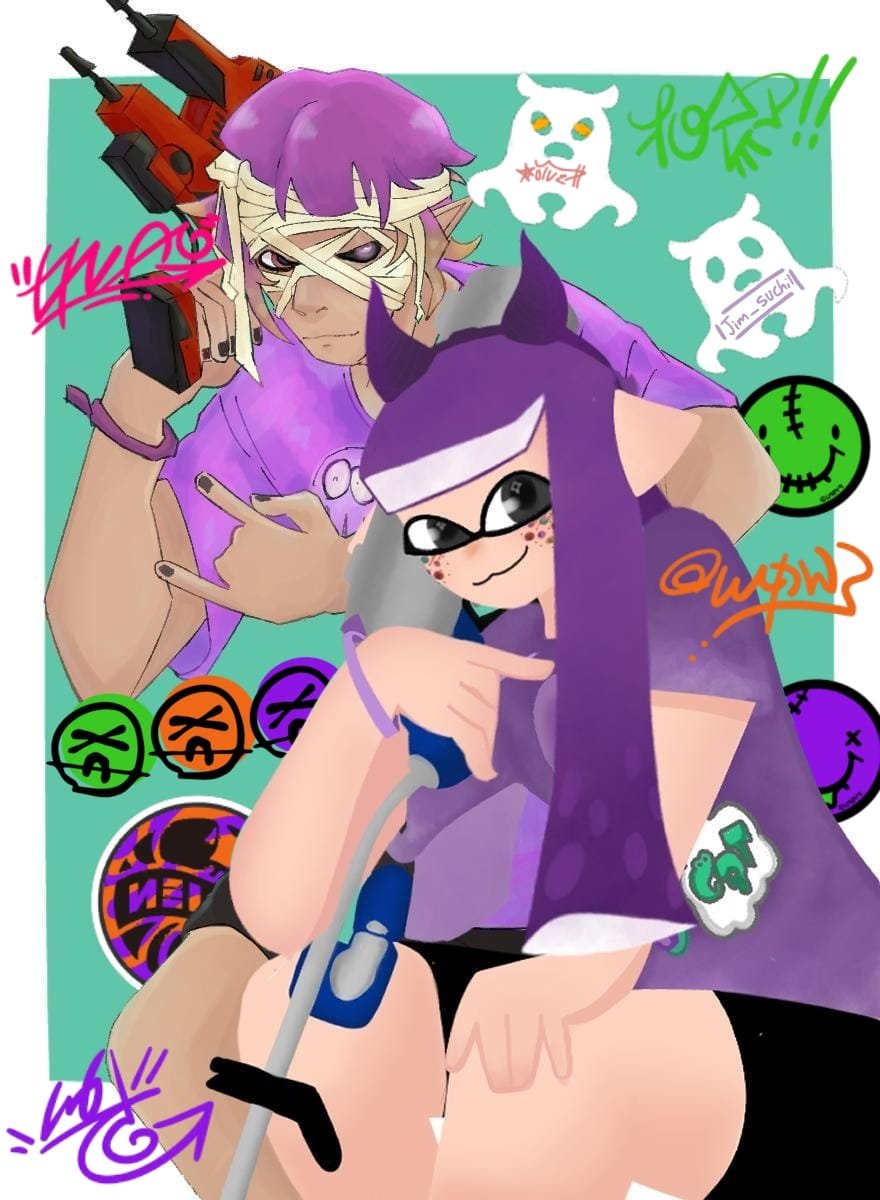 (late) Splatoween collab w/<a href="/Jim_suchil/">Jim 🌹𝑪𝒆𝒐 𝒐𝒇 𝑮𝒐𝒍𝒅𝒆𝒏🌹</a>
#Splatoon3 #SplatoonArt #arttwt