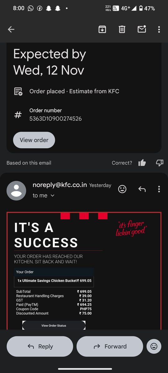 destinyakashc's tweet photo. @KFC_India @kfc pathetic experience I placed order 10 hours ago, still not delivered to me no customer support.
Order no 5363D10900274526 https://t.co/NKjQiz38A5