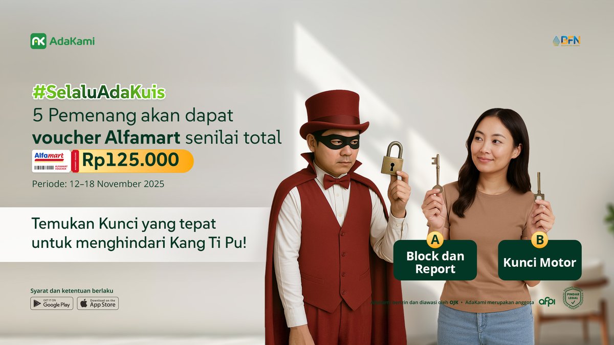 adakamiofficial's tweet photo. Tunggu apa lagi? Langsung reply jawaban kamu sebanyak-banyak ya, TemanKami!๐๐
#AdaKami #SelaluAdaBuatKamu #SelaluAdaKuis #SelaluWaspada #BlockReport #Frauds https://t.co/Vj6WTQO5U7