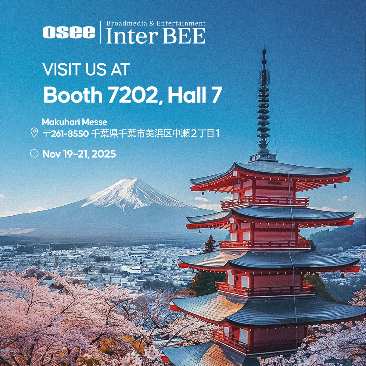 osee_tech's tweet image. 👋#InterBee2025で Osee チーム にぜひお立ち寄りください！

📍私たちは日本の販売代理店 𝑮𝑰𝑵-𝑰𝑪𝑯𝑰（ギンイチ） とともに、
ホール7・ブース #7202 にて 𝟏𝟏月𝟏𝟗日〜𝟐𝟏日の3日間 出展いたします。
.
.
#InterBEE #interbee2025 #MauhariMesse #innovation #media #technology #Expo2025