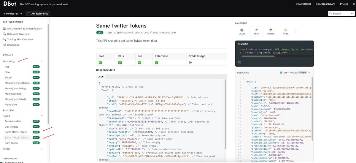 DBotWeb3's tweet image. #DEX traders, your data just got sharper ⚙️
DBot now shows how many tokens share the same Twitter (sameCount)
New APIs for same-name and same-Twitter tokens 🔍
Perfect for catching copycats, tracking meme forks, or fine-tuning sniping bots

Trading API &amp;amp; WebSocket: Free

Data…