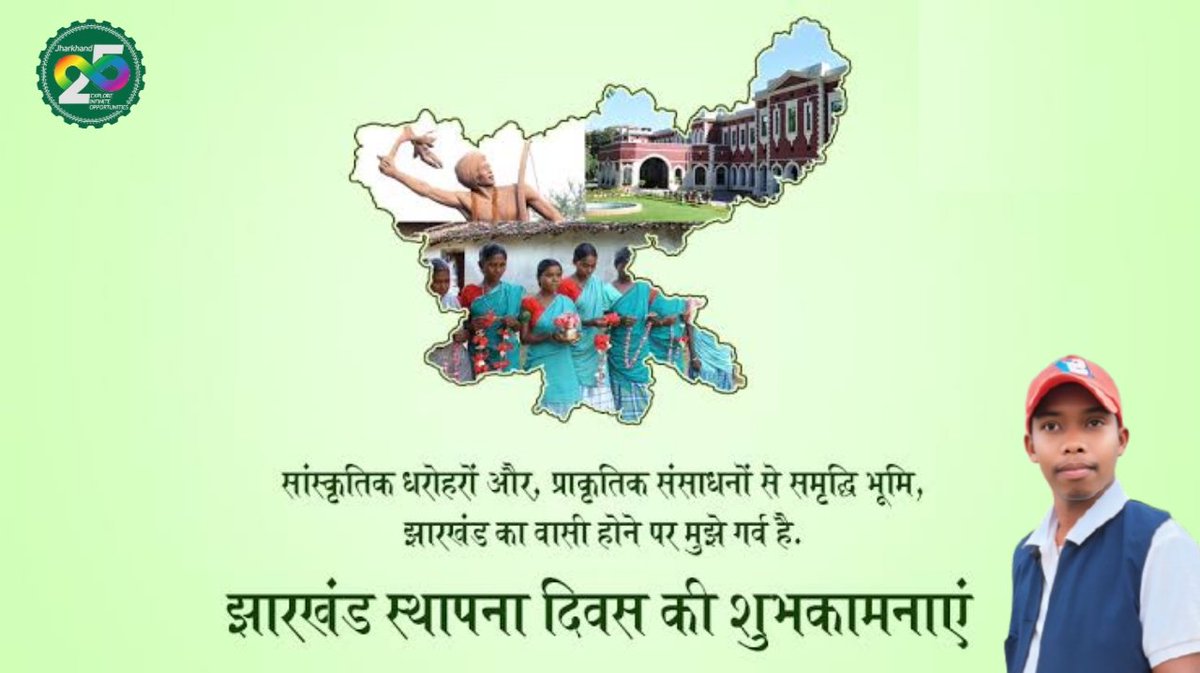 झारखंड राज्य के स्थापना दिवस की प्रदेशवासियों को शुभकामनाएं। समृद्ध संस्कृति तथा प्राकृतिक संपदा से परिपूर्ण झारखंड, भगवान बिरसा मुंडा से प्रेरणा ग्रहण कर देश की प्रगति में अहम सहभागी बने। प्रदेशवासियों की सुख, शांति, उत्तम स्वास्थ्य और प्रफुल्लित जीवन की कामना है। झारखंडी जोहार।