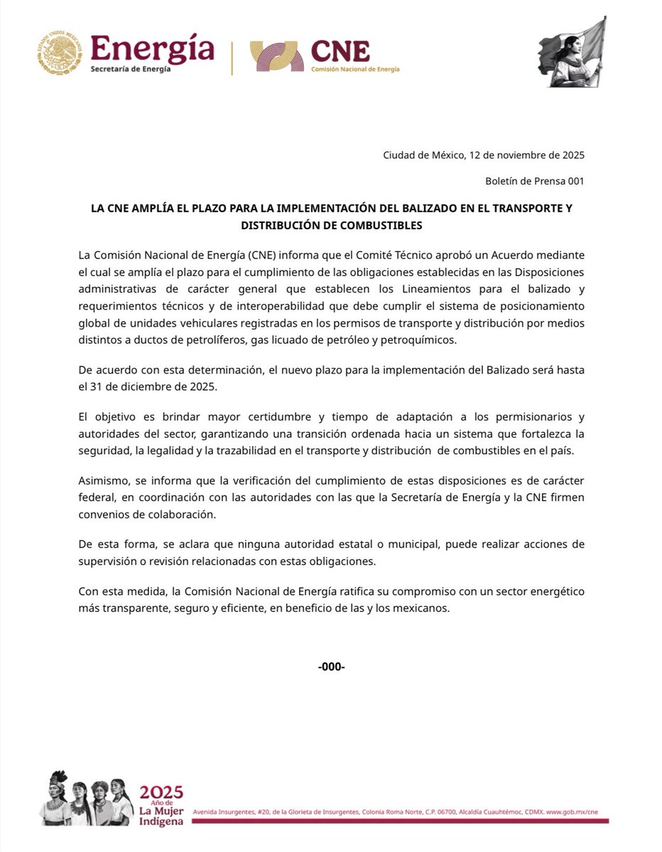 CNE_Mex's tweet photo. 🗞️ #ComunicadoCNE | Se amplía al 31 de diciembre de 2025 el plazo para implementar el Balizado en el transporte y distribución de combustibles.

¡Entérate! ➡️ https://t.co/rhZnXGyHT1 https://t.co/aZDlgQUj6g