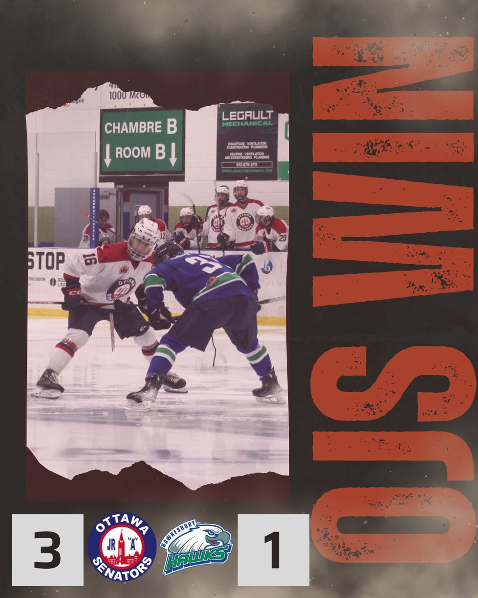OttawaJrSens's tweet image. OJS WINNN!!! 🥳

#OJS beats the Hawkesbury Hawks 3-1 to take a commanding lead in the standings as they stay firmly in second place.

@cchl #jrsens #jra #ottawa #hockey