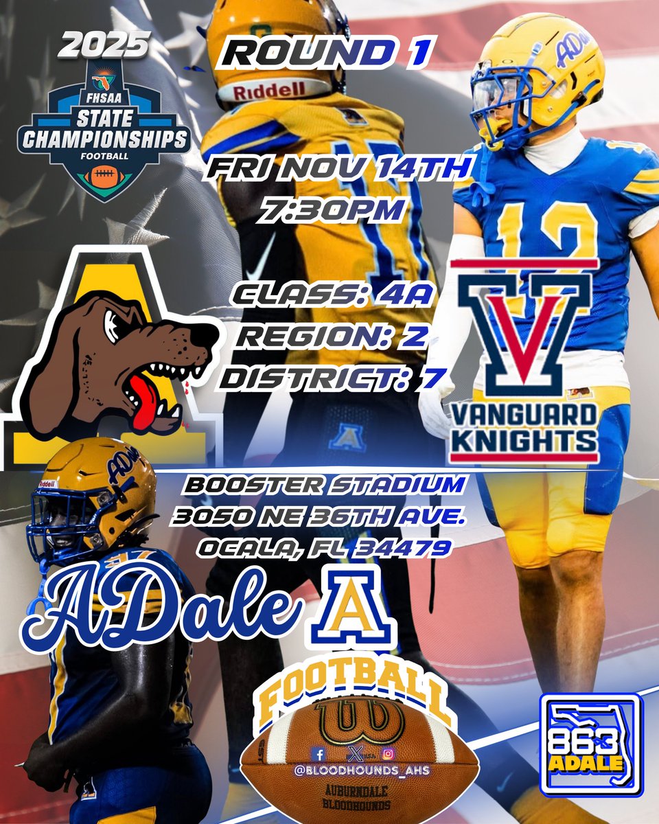 🏈🏈 Friday night football 🏈🏈
Regional Quarterfinals on the road at Ocala Vanguard High School - Kick off at 7:30pm
Admission: $10.00 + fee
Purchase tickets at GoFan.co - no cash accepted at the gate.
Parking: $5.00 cash
<a href="/Bloodhounds_AHS/">Auburndale Football</a>