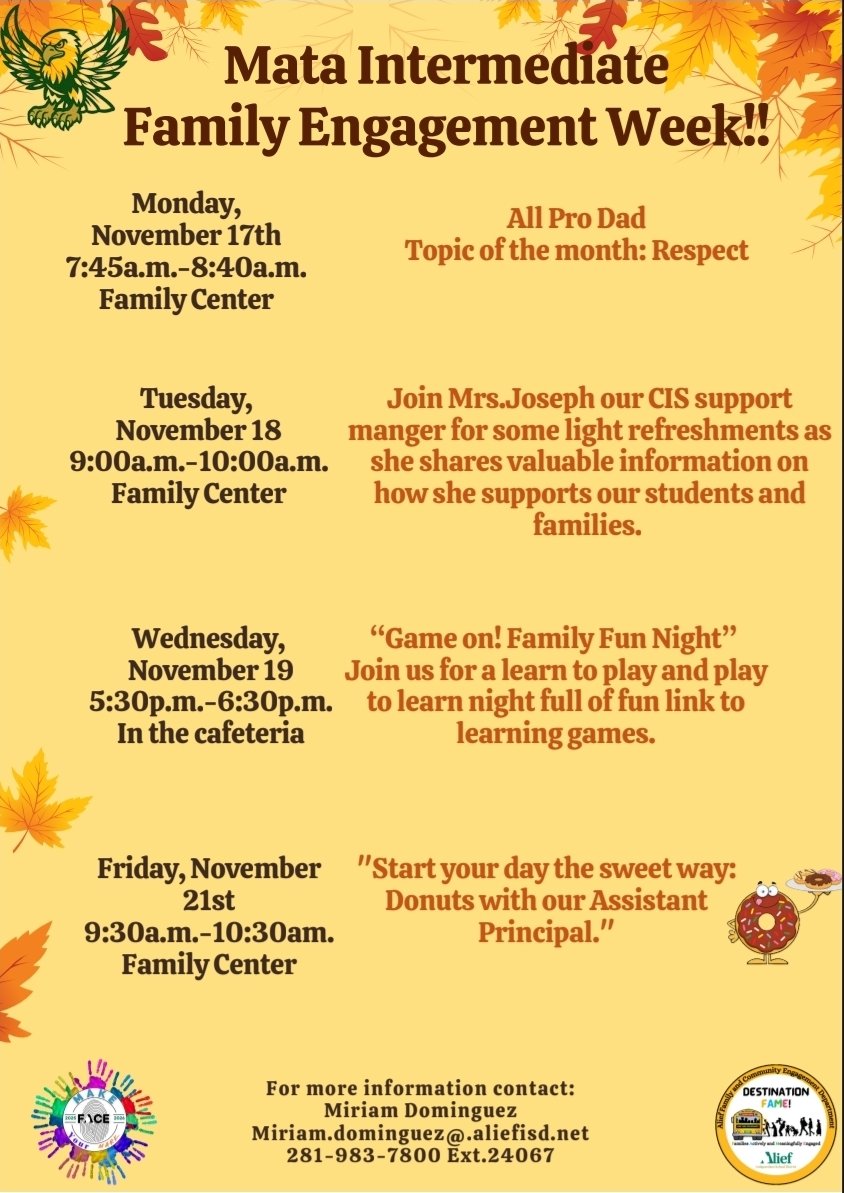 FamilyCMata's tweet image. Save the dates for our Family Engagement week don&apos;t miss out on the great information and fun activities we have prepared for all our wonderful families🤗